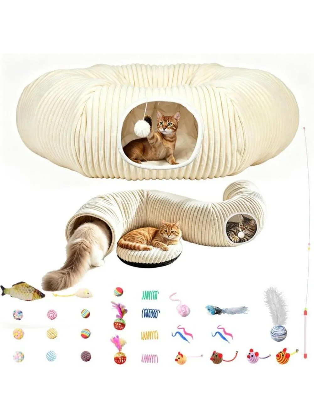 Cozy Cat Tunnel Bed with 30 Interactive Toys - Collapsible Play Tube for Kittens